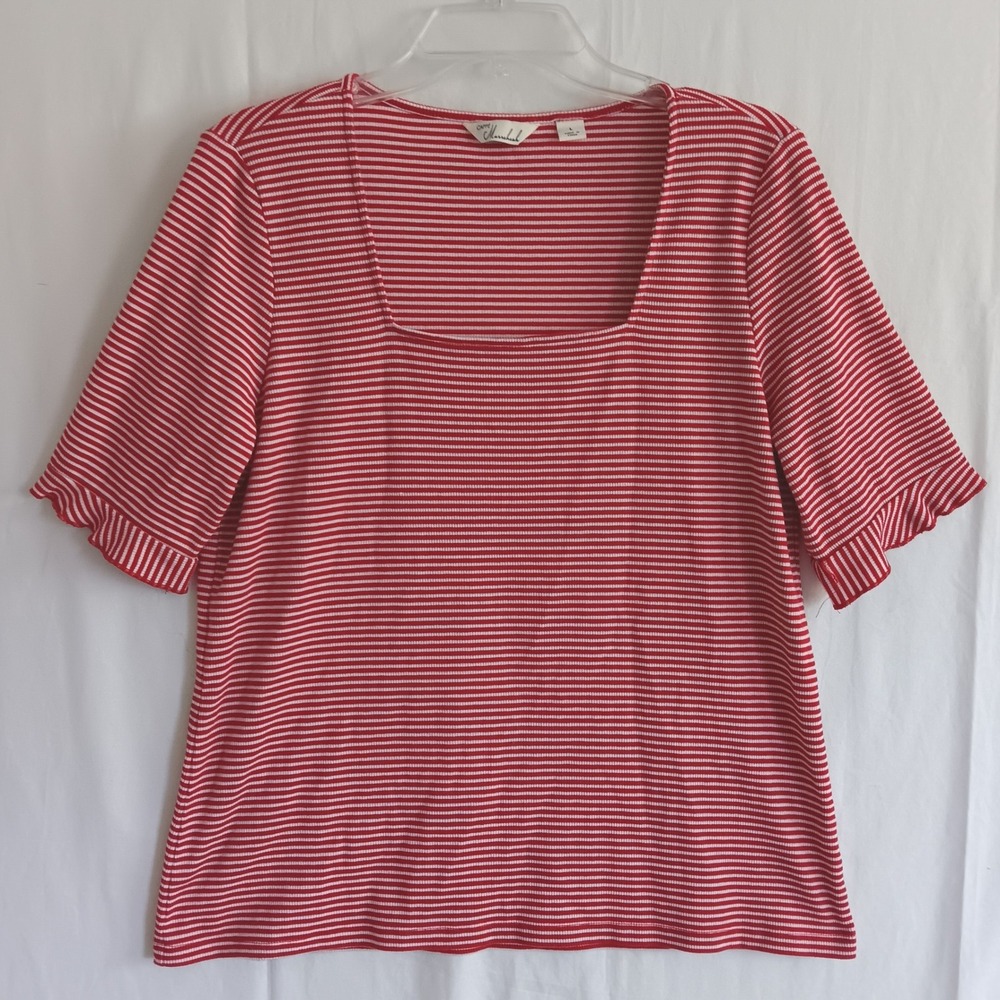 Caffe Marrakesh Striped Top Womens Large Red Ribbed Knit Short Sleeve